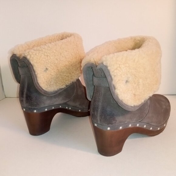 UGG Lynnea Wm 7US/38EU Gray Suede Shearling Ankle Boots Wooden Clog Soles - Picture 8 of 12